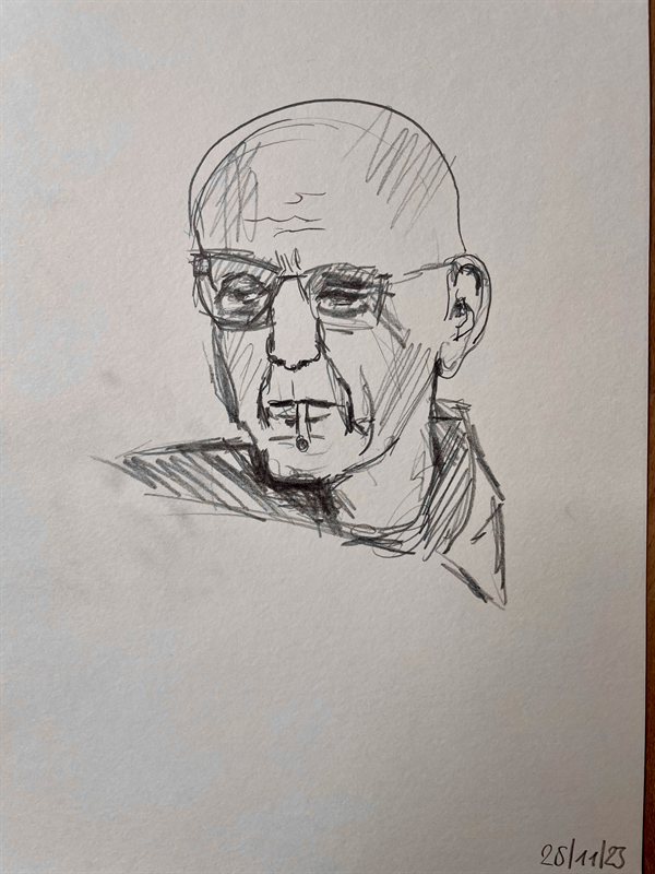 Bleistiftzeichnung: Porträt eines älteren Mannes mit Brille und kahlem Kopf, in schraffierten Linien. Unten rechts datiert.